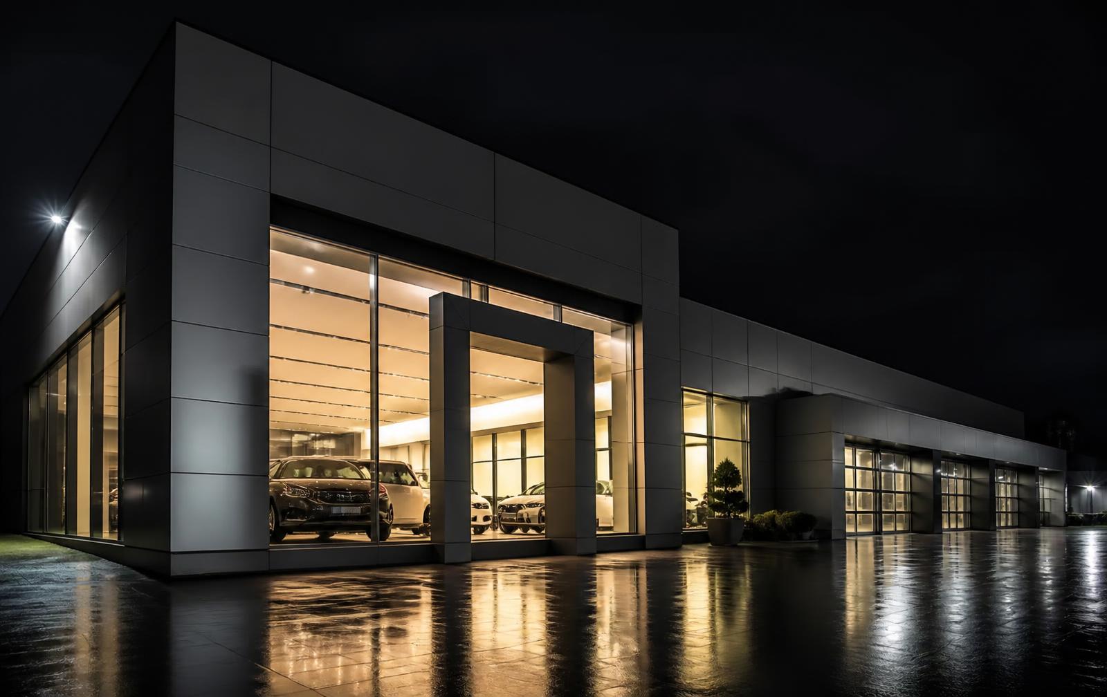 Fachada de concessionária premium à noite