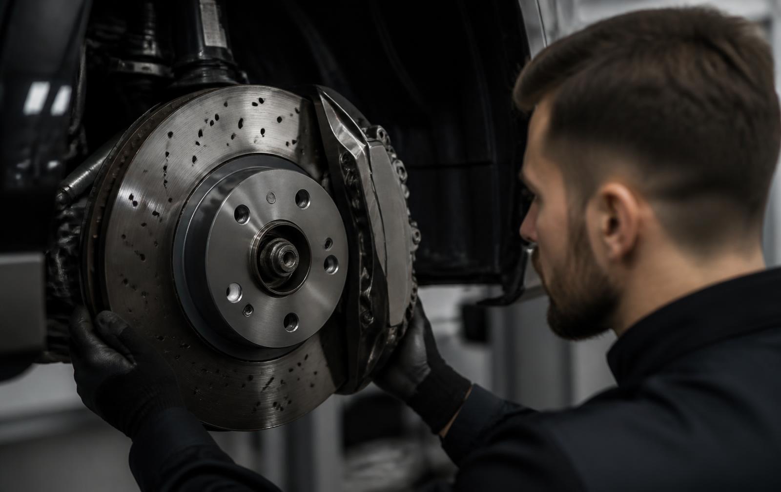 Técnico especializado inspecionando disco de freio de um Audi