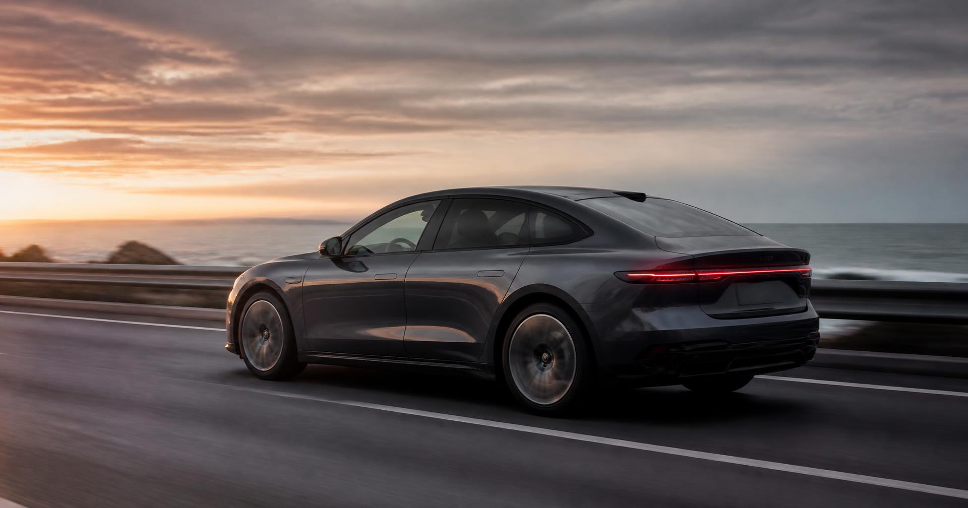 Audi em movimento em estrada litorânea ao entardecer